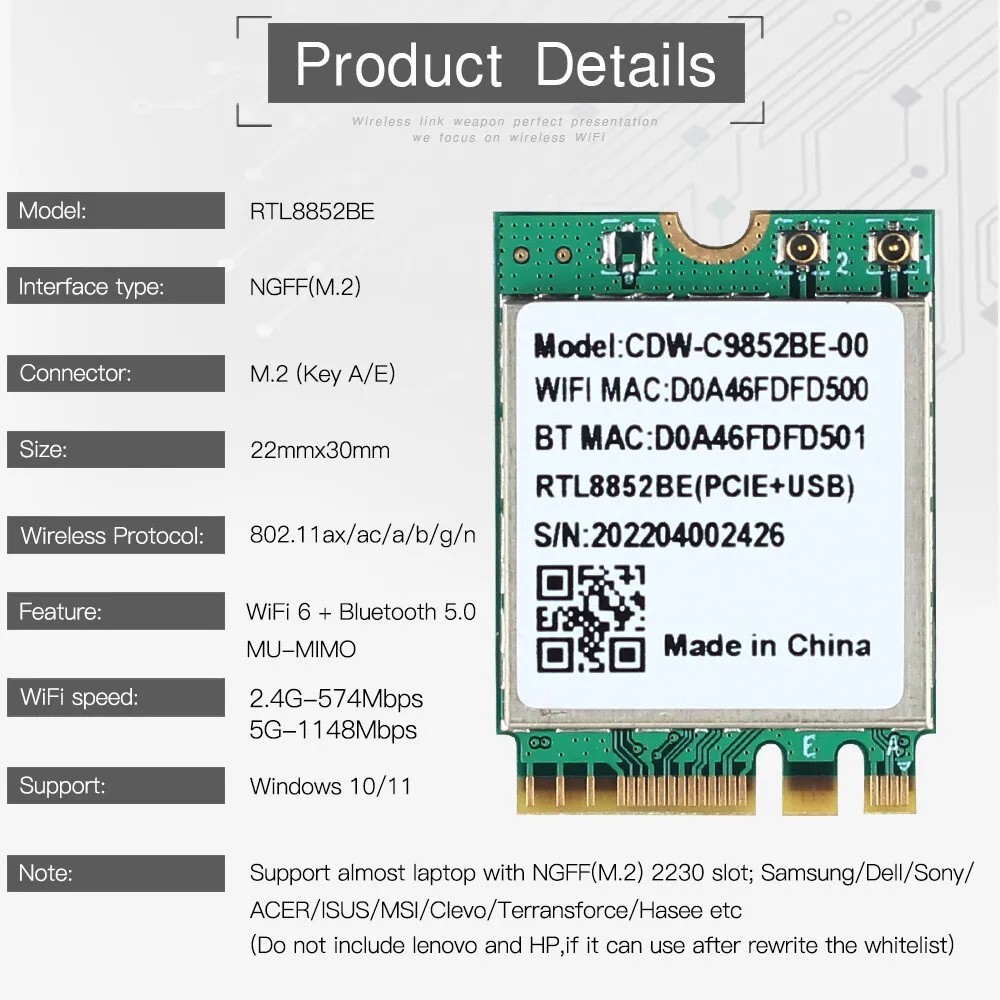 RTL8852BE M.2 NGFF WiFi6 karta