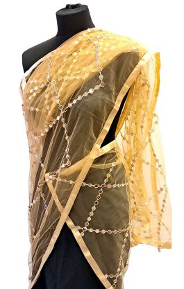 Vyšívaná tylová dupatta se zrcátky zlatá dh1848