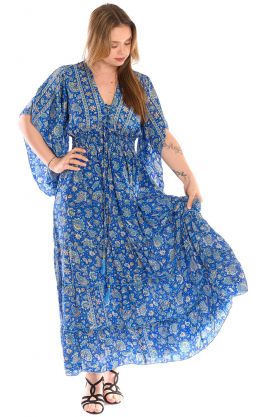 Hedvábně jemné hippie boho šaty s kapsami modré sty1069