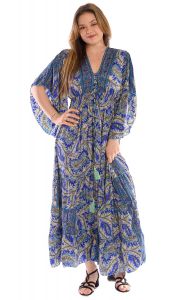 Hedvábně jemné hippie boho šaty s kapsami modré sty1070