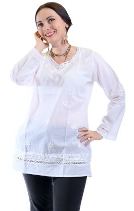 Čistě bílá bavlněná halenka s ruční výšivkou XL ha2314