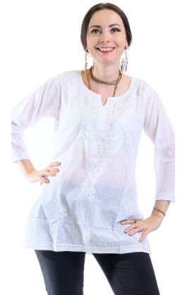 Čistě bílá bavlněná halenka s ruční výšivkou L ha2319