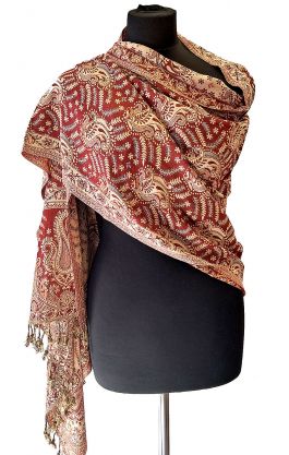 Hřejivá "kašmírová" šála z Indie - vínovo-smetanová sl3561