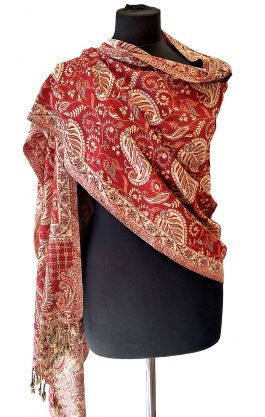 Hřejivá "kašmírová" šála z Indie - červeno-smetanová sl3562