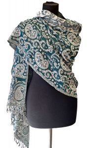 Hřejivá "kašmírová" šála z Indie - paví zelená s bílou sl3566