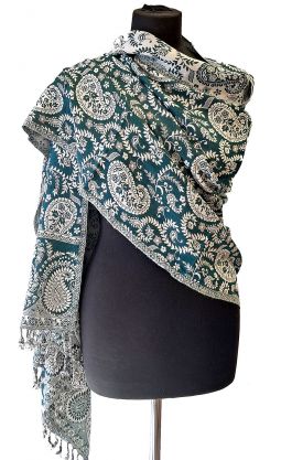 Hřejivá "kašmírová" šála z Indie - paví zelená s bílou sl3566