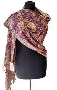 Hřejivá "kašmírová" šála z Indie - ostružinovo-smetanová sl3567