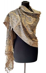 Hřejivá "kašmírová" šála z Indie - olivovo-smetanová sl3570