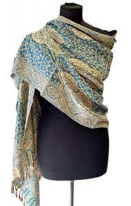 Hřejivá "kašmírová" šála z Indie - paví zelená - smetanová sl3572