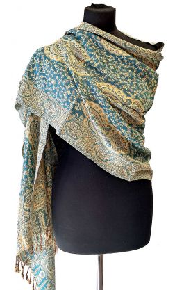 Hřejivá "kašmírová" šála z Indie - paví zelená - smetanová sl3572