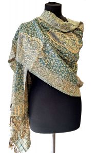Hřejivá "kašmírová" šála z Indie - zelená - smetanová sl3573