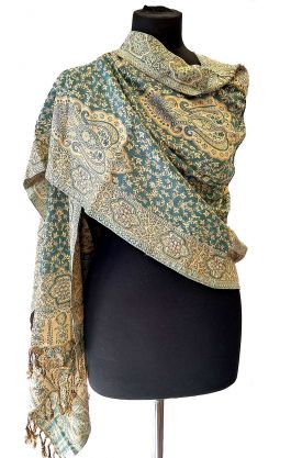 Hřejivá "kašmírová" šála z Indie - zelená - smetanová sl3573