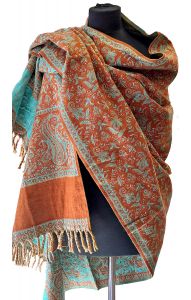 Šála s vlnou z yaka (jačí vlna) skořicovo-tyrkysová sl3583