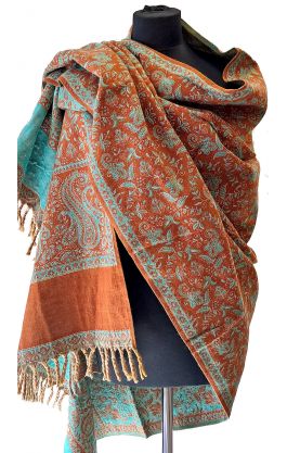 Šála s vlnou z yaka (jačí vlna) skořicovo-tyrkysová sl3583