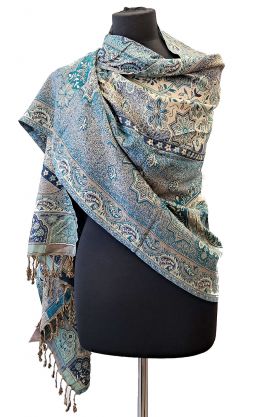 Hřejivá "kašmírová" šála z Indie - modro-tyrkysová sl3654