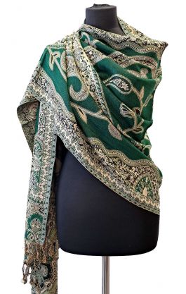 Hřejivá "kašmírová" šála z Indie - zeleno-slonovinová sl3672