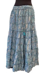 Hedvábně jemná dlouhá letní sukně z Indie blankytná se zlatem a s kapsami suk5945