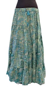 Hedvábně jemná dlouhá letní sukně z Indie limetková se zlatem a s kapsami suk5946