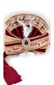 Luxusní indický turban Maharádža vínovo-zlatý tu129