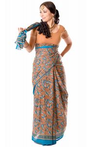 Tradiční indický oděv - sárí tyrkysové s latté v8633