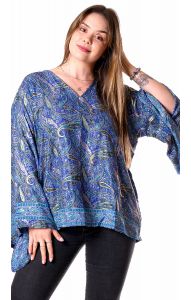 Hedvábně jemná elegantní halenka se zlatým tiskem modrá ha2328